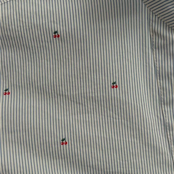 H&M women’s button up shirt, classic blue stripe with small cherry details. - Picture 3 of 4